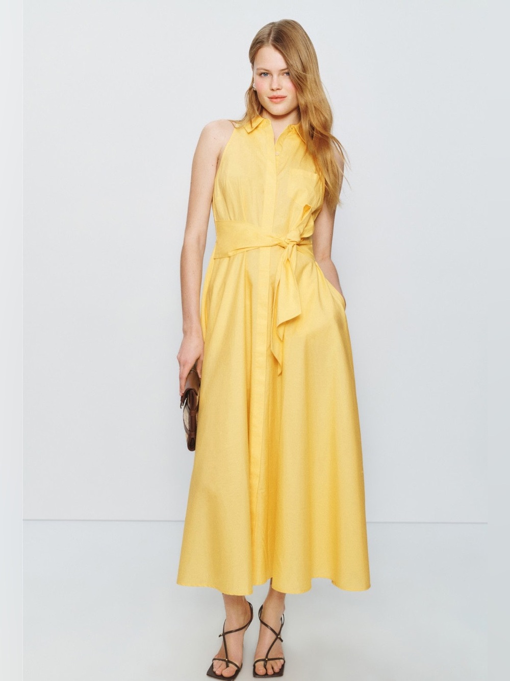 Sleeveless Yellow Tie-Waist Maxi Dress